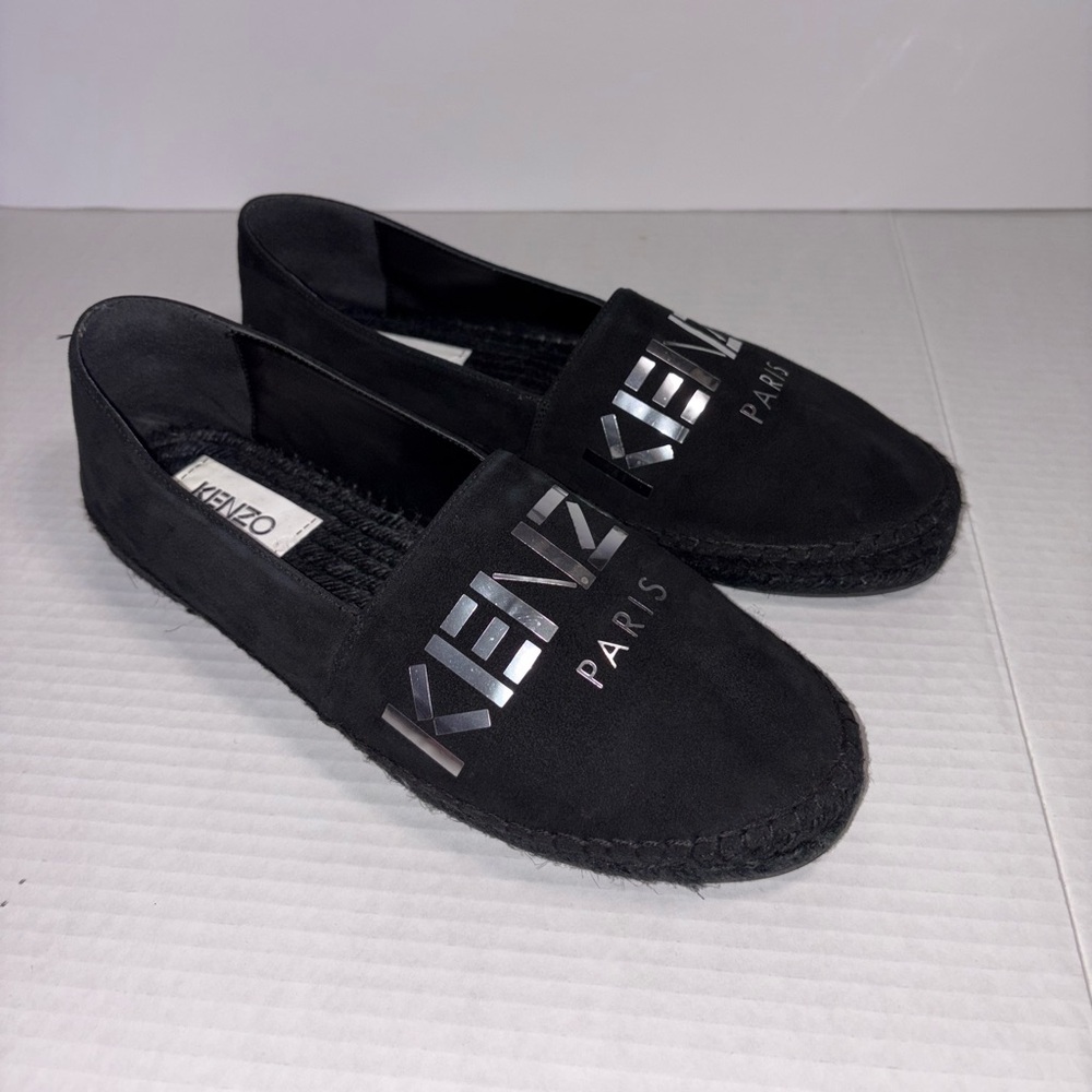 KENZO Paris Espadrille Black Suede Loafer flats with Reflective Logo RARE